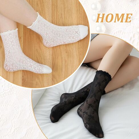 4 Pairs Women's Ruffle Socks, Ruffle Ankle Socks Mesh Lace Frilly Sock Crew Summer Ultra Thin for Women (Black and White) in Saudi Arabia