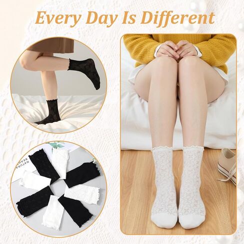 4 Pairs Women's Ruffle Socks, Ruffle Ankle Socks Mesh Lace Frilly Sock Crew Summer Ultra Thin for Women (Black and White) in Saudi Arabia