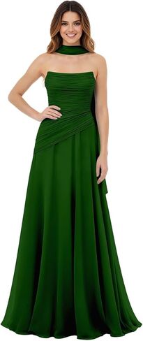 Strapless Pleated Chiffon Formal Dresses for Women Drop Waist Ruched Prom Evening Gowns with Scarf in Kuwait