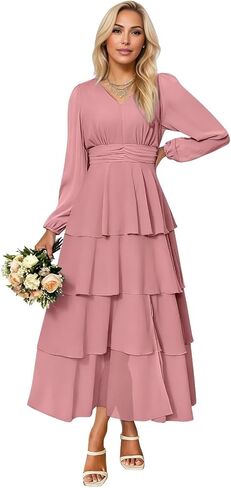 Lorencia Long Sleeve Chiffon Bridesmaid Dresses for Women Tiered V Neck Formal Evening Wedding Guest Dresses with Slit in Saudi Arabia