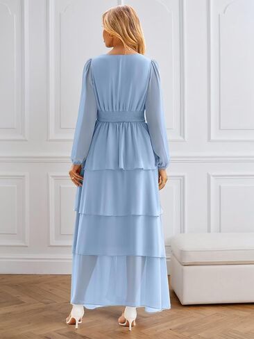 Lorencia Long Sleeve Chiffon Bridesmaid Dresses for Women Tiered V Neck Formal Evening Wedding Guest Dresses with Slit in Saudi Arabia