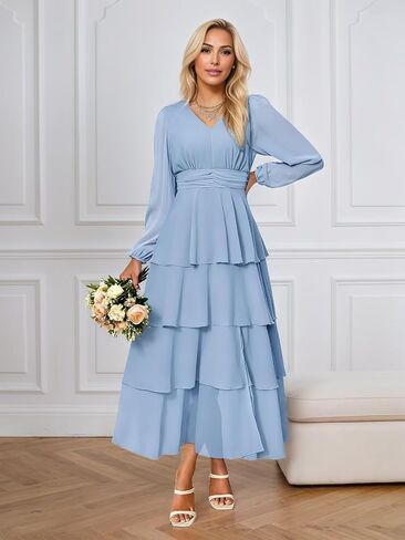 Lorencia Long Sleeve Chiffon Bridesmaid Dresses for Women Tiered V Neck Formal Evening Wedding Guest Dresses with Slit in Saudi Arabia