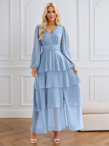 Lorencia Long Sleeve Chiffon Bridesmaid Dresses for Women Tiered V Neck Formal Evening Wedding Guest Dresses with Slit in Saudi Arabia
