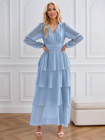 Lorencia Long Sleeve Chiffon Bridesmaid Dresses for Women Tiered V Neck Formal Evening Wedding Guest Dresses with Slit in Saudi Arabia