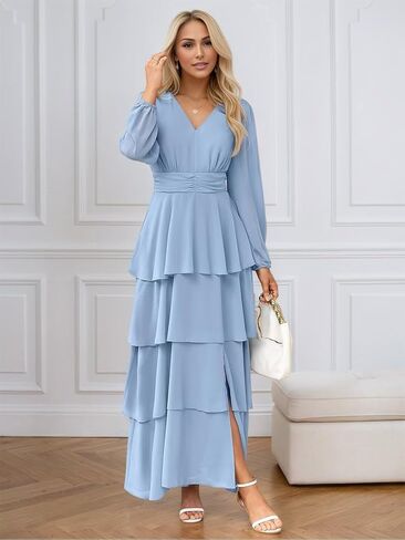 Lorencia Long Sleeve Chiffon Bridesmaid Dresses for Women Tiered V Neck Formal Evening Wedding Guest Dresses with Slit in Saudi Arabia