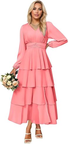 Lorencia Long Sleeve Chiffon Bridesmaid Dresses for Women Tiered V Neck Formal Evening Wedding Guest Dresses with Slit in Kuwait