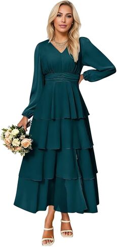 Lorencia Long Sleeve Chiffon Bridesmaid Dresses for Women Tiered V Neck Formal Evening Wedding Guest Dresses with Slit in Saudi Arabia
