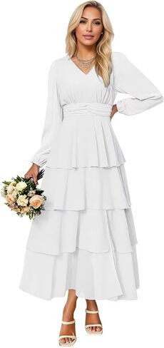 Lorencia Long Sleeve Chiffon Bridesmaid Dresses for Women Tiered V Neck Formal Evening Wedding Guest Dresses with Slit in Saudi Arabia