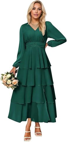 Lorencia Long Sleeve Chiffon Bridesmaid Dresses for Women Tiered V Neck Formal Evening Wedding Guest Dresses with Slit in Saudi Arabia