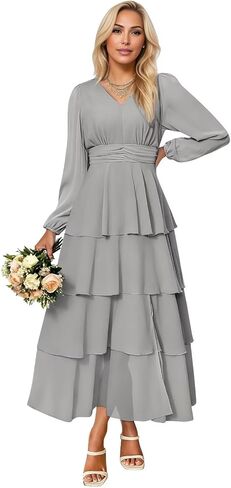Lorencia Long Sleeve Chiffon Bridesmaid Dresses for Women Tiered V Neck Formal Evening Wedding Guest Dresses with Slit in Saudi Arabia
