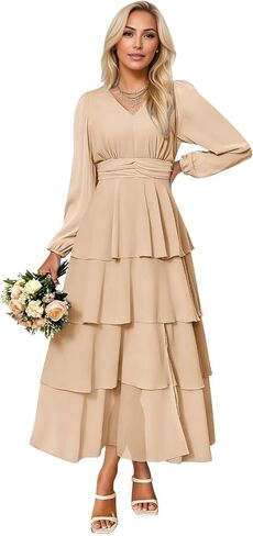 Lorencia Long Sleeve Chiffon Bridesmaid Dresses for Women Tiered V Neck Formal Evening Wedding Guest Dresses with Slit in Saudi Arabia