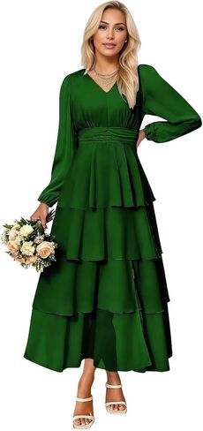 Lorencia Long Sleeve Chiffon Bridesmaid Dresses for Women Tiered V Neck Formal Evening Wedding Guest Dresses with Slit in Saudi Arabia