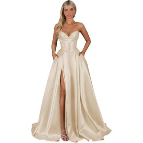 Sequin Prom Dresses 2026 Strapless Satin Corset A-line Pleated Long Evening Gowns with Pockets in Kuwait