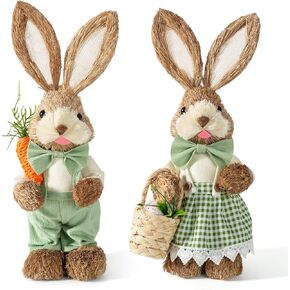 Easter Decor Bunny Bicycle Figurines 10.6 Inch, Easter Bunny Decor with Carrot, Eggs & Flowers, Straw Bunny Couple Easter Table Decor, Farmhouse Easter Decorations for Home in Saudi Arabia