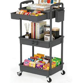 Rolling Storage Cart with Detachable Drawers, Locking Wheels, Cup Holder & Hooks, Easy Assembly 3-Tier Mobile Organizer for Kitchen, Bathroom, Craft Room, Jet in Kuwait