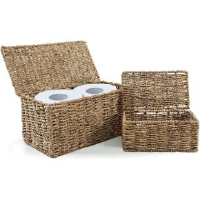 Seagrass Rectangle Storage Boxes w Lid | Set 2 Household Essential Shelf Organizer - Decorative Wicker Bins for Home Office, Nusery Supplies, Kitchen Accessories - Rustic Bathroom Toilet Tank Topper in Saudi Arabia