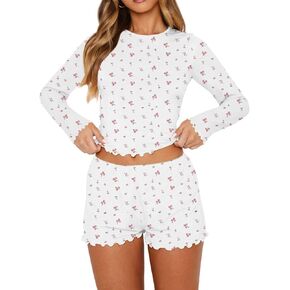 Dressmine Women Cute Pajamas Set 2 Piece Sets Casual Y2k Long Sleeve Tops Sleepwear 2026 Spring PJ Shorts Sets Clothes in Kuwait
