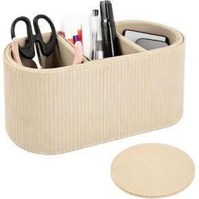 3 Compartments PU Leather Remote Control Holder, Multifunctional Desk Organizer for TV Remotes, Pens, and Accessories, Bedside and Tabletop Storage, Beige in Kuwait