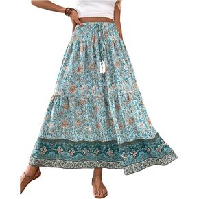 تنورة نسائية طويلة من GORGLITTER بتصميم بوهو منقوش عليها زهور للصيف والشاطئ مكشكشة بطبقات عالية الخصر تنانير طويلة على شكل حرف A in Kuwait