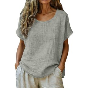 Linen Shirts for Women Summer Cotton Blouses Casual Loose Fit Short Sleeve Tops Oversized Gauze T-Shirt Work Vacation in Kuwait