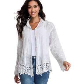 Women's Boho Lace Embroidered Shirt Sheer Long Sleeve Button Down Blouse, Casual Loose Fit Crochet Hem Top for Spring Autumn in Saudi Arabia
