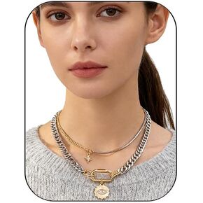 قلادة ذهبية بيان، قلادات متعددة الطبقات للنساء، مجموعة قلادة معدنية مختلطة ذات لونين مكتنزة مع قلادة ساحرة، سلسلة مكدسة بمشبك ورق، هدية مجوهرات عصرية للعملات المعدنية لهدايا عيد الميلاد in Kuwait