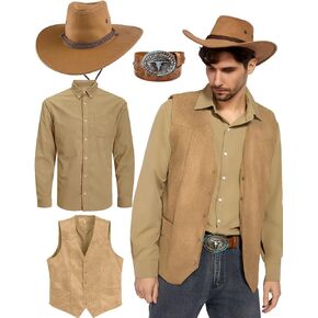 kasahara 4Pcs Mens Cowboy Costume Western Outfit for Men Cowboy Hat and Vest Western Work Shirt with Cowboy Belt Accessories in Kuwait