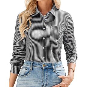 IBAOTORONI Women’s Striped Button Down Shirt Cotton Long Sleeve Collared Casual Work Stripe Blouse Tops with Pocket in Saudi Arabia