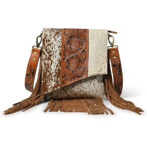 حقيبة كروس من الجلد الطبيعي مصنوعة يدويًا من أديان ويسترن باللون البني للنساء | محفظة مصنوعة يدوياً من الزهور مع حواف من جلد الغزال وحزام قابل للتعديل والفصل in Kuwait