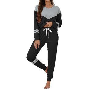 Womens Pajamas Sets Block Color V Neck Long Sleeve Tops with Striped Pullover and Casual Long Pants with Pockets in Saudi Arabia