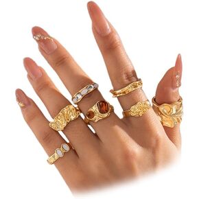 7Pcs Stackable Chunky Gold Hammered Zirconia Knuckle Finger Ring for Women Trendy Silver Thick Irregular Red Crystal Rings Fashion Stack Party Jewelry in Saudi Arabia