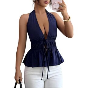 OYOANGLE Women's Open Back Deep V Neck Halter Peplum Cami Top Sleeveless Tie Front Summer Tops in Kuwait