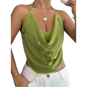 OYOANGLE Women's Floral Glitter Draped Halter Crop Top Sheer Mesh Sleeveless Backless Rave Top in Saudi Arabia
