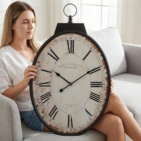 Large Oval Wall Clock 25 Inch, Antique Distressed White Decorative Clock with Metal Frame & Arabic Numerals, Vintage French Country Hotel Westminster Design for Living Room, Kitchen, and Hallway Decor in Kuwait