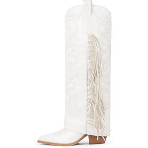 Women's Knee High Cowboy Boots Cowgirl Fold Over Fringe Boots for Women Western Embroidery Pointy Toe Chunky Block High Heel with Half Zipper for Country Music Festivals Rodeo in Kuwait