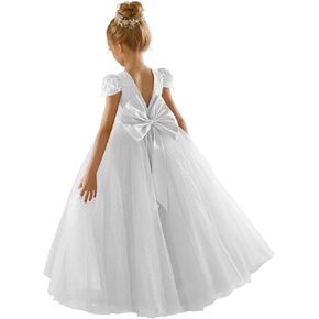 Women's Short Sleeve Lace Appliqued Tulle Junior Bridesmaid Dresses for Teens A Line Flower Girl Dress with Bow FMSQ01 in Kuwait