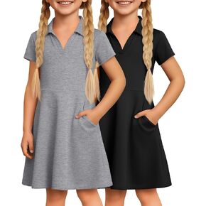 2 Pack Girl's Short Sleeve Dress Casual Uniform Dress Summer A-line Collared V Neck Twirl Cute Skater with Pockts in Kuwait