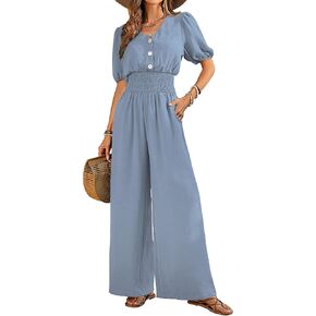 Jumpsuits for Women Dressy Casual V Neck Short Sleeves Wide Leg Rompers Puff Smocked High Waist One Piece Blue XXL in Kuwait