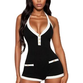 Mandonce Sexy Jumpsuit Cutout One Piece Sleeveless V Neck Backless Button Down Hanging Neck Shorts Jumpsuit Stylish Clubwear in Kuwait
