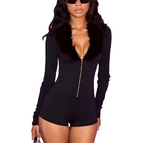 Womens Jumpsuit Sexy Faux Fur Rompers Deep V Neck Buckle Long Sleeve Shorts Rompers Bodycon Club Outfits Going Out in Saudi Arabia