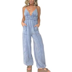 Denim Lightweight V-Neck Jumpsuit 2024 New Casual Spaghetti Jumpsuit with Pockets Rompers for Women in Saudi Arabia