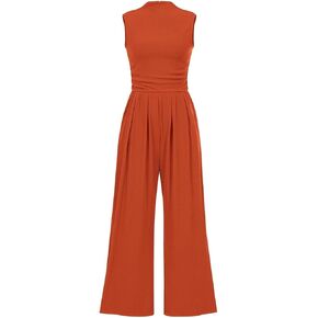 Women's Sleeveless Jumpsuit Mock Neck Wide Leg Pants Perfect for Summer Casual Wear Features Convenient Pockets in Saudi Arabia