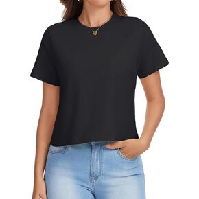 Women's Workout Cropped T Shirts Cotton Boxy Tops Crew Neck Short Sleeve Casual Loose Summer Crop Tee in Saudi Arabia