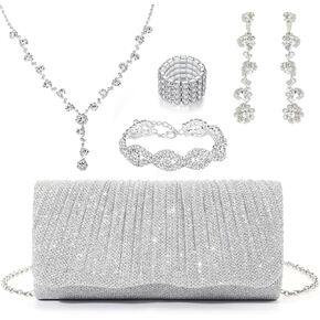 مجموعة إكسسوارات مجوهرات كريستالية بمحفظة فضية للنساء لحفلات الزفاف المسائية in Kuwait