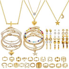 KOSMOS-LI Golden Jewelry Set Stocking Stuffers with 4pcs Necklaces, 36pcs Earrings, 22pcs Rings Collection Fashion Accessories for Women Multiple Styles and Sizes in Kuwait