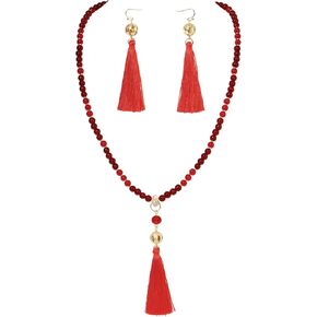 Long Beaded Statement Necklace - Boho Tassel Jewelry Set,Long Beads Necklace for Women in Kuwait