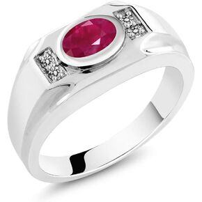 Gem Stone King Men's 925 Sterling Silver Red Ruby and White Diamond Ring (2.02 Cttw, Gemstone July Birthstone, Oval 8X6MM,) in Saudi Arabia
