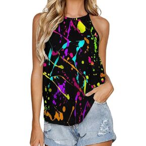 Glow in Dark Splatter Neon Women's Round Neck Vest Sleeveless Tank Tops Casual T-Shirts in Kuwait