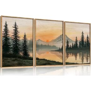 LHIUEM طبيعة جبل غروب الشمس مؤطرة قماش جدار الفن، بوهو أشجار الصنوبر ديكور الحائط، لوحة بحيرة غابة غروب الشمس، الأعمال الفنية الحديثة المناظر الطبيعية لغرفة المعيشة، غرفة نوم، غرفة الطعام - 16 "× 24" × 3 in Kuwait