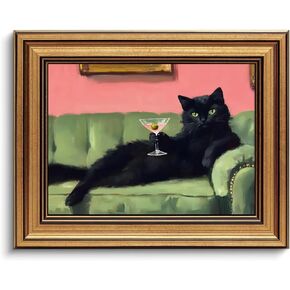 Devunaty Vintage Gold Framed Black Cat Martini Wall Art, Cocktail Bar Cart Wall Decor, Funny Cat On Green Sofa Canvas Print, Eclectic Whimsical Painting Picture For Bedroom Living Room Decor 9"x 11" in Saudi Arabia